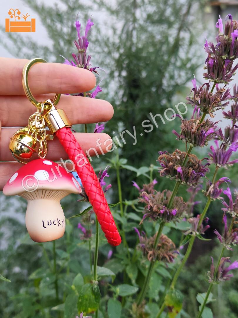 Mushroom Keychain with Jingle Bell and Wrist Strap